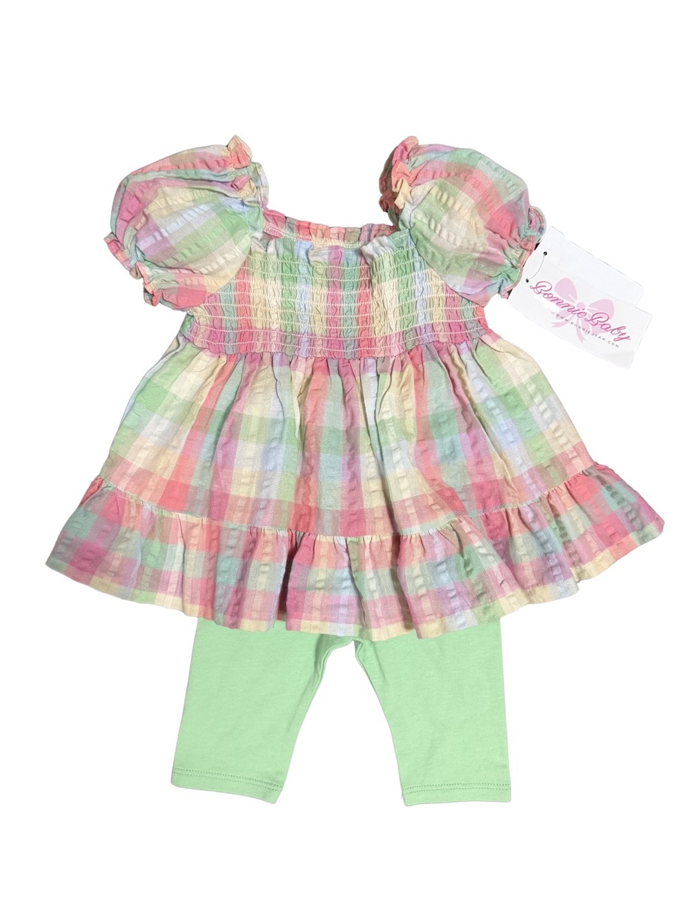 Bonnie Baby Pastel Plaid Smocked Top and Mint Leggings Set New! Girl Size 6-9 Mo